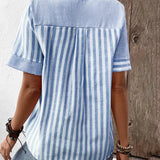 Women's Blouse - Lightweight Breathable Fabric - Striped - Mandarin Collar - Short Cuffed Sleeves