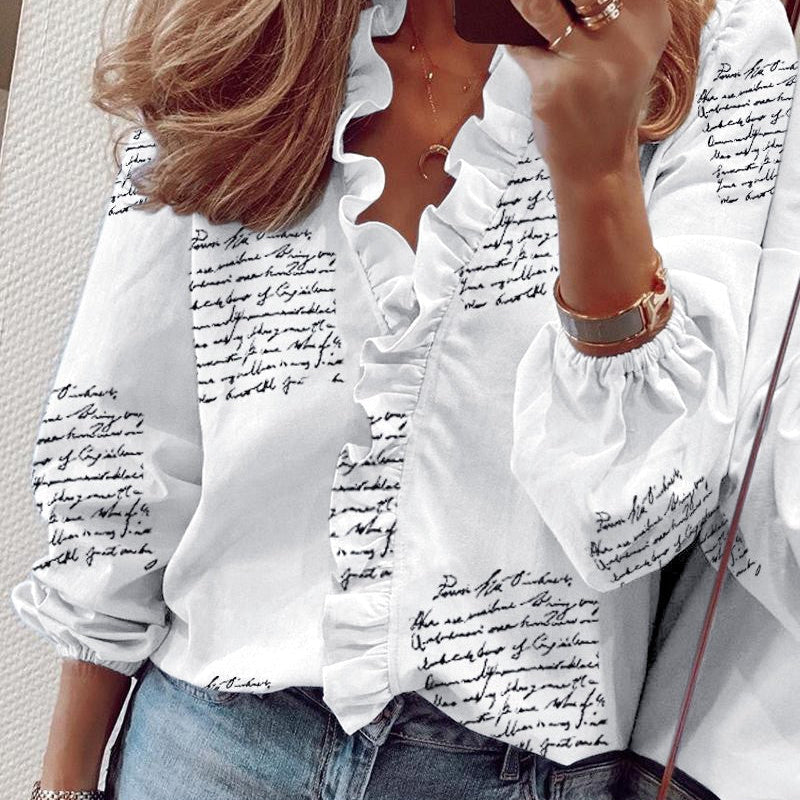 Women's Blouse - Ruffled Neckline - Tailored Fit - Three-Quarter Sleeves - Lightweight Fabric