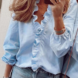 Women's Blouse - Ruffled Neckline - Tailored Fit - Three-Quarter Sleeves - Lightweight Fabric