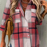 Women’s Blouse – Plaid Button Down – Loose Fit – Long Sleeve – Breathable Blend