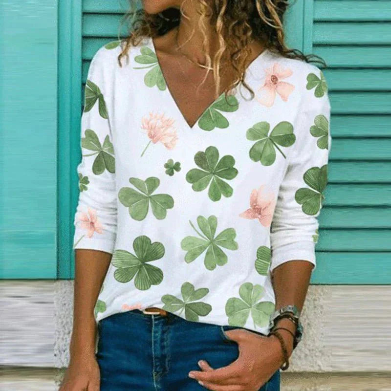 Women’s Blouse – Loose Fit – V-Neck – Breathable Blend – Abstract Floral Print