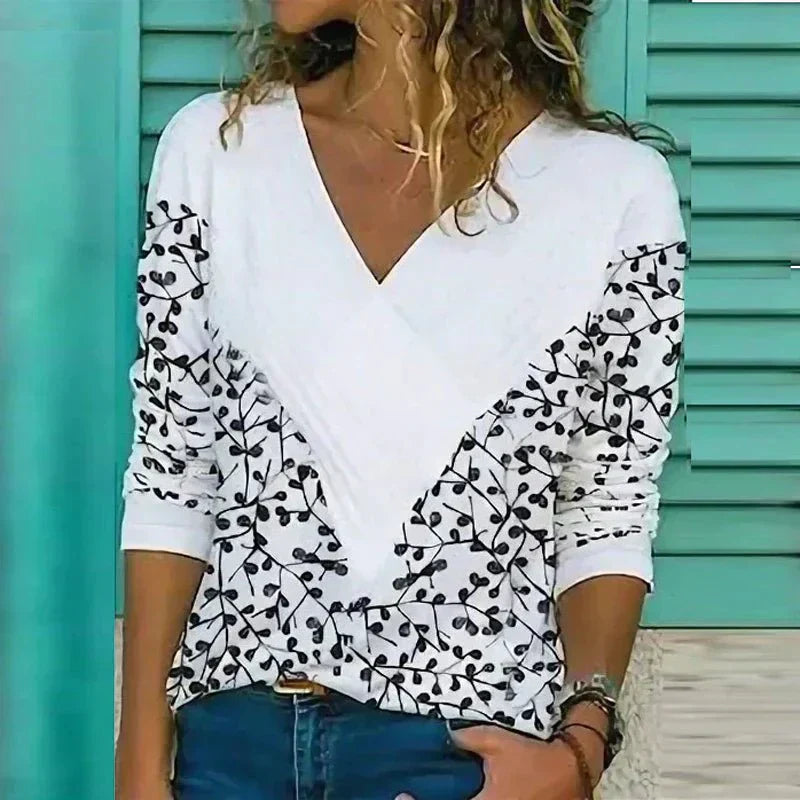 Women’s Blouse – Loose Fit – V-Neck – Breathable Blend – Abstract Floral Print
