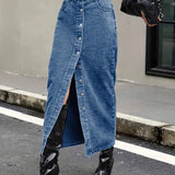 Women's Denim Midi Skirt - High Waist - Button-Down Front - Front Slit - Five Pockets