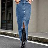 Women's Denim Midi Skirt - High Waist - Button-Down Front - Front Slit - Five Pockets