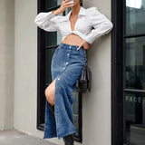 Women's Denim Midi Skirt - High Waist - Button-Down Front - Front Slit - Five Pockets