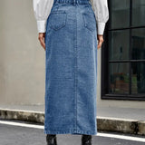 Women's Denim Midi Skirt - High Waist - Button-Down Front - Front Slit - Five Pockets