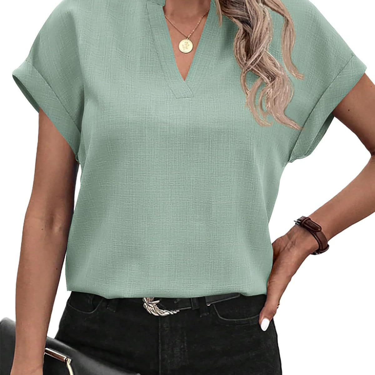 Women's Blouse - Loose Fit - V-Neck - Short Sleeve Lightweight Casual Wear