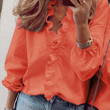 Women's Blouse - Ruffled Neckline - Tailored Fit - Three-Quarter Sleeves - Lightweight Fabric