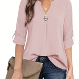 Chic v-neck blouse with rolled-up sleeves for women