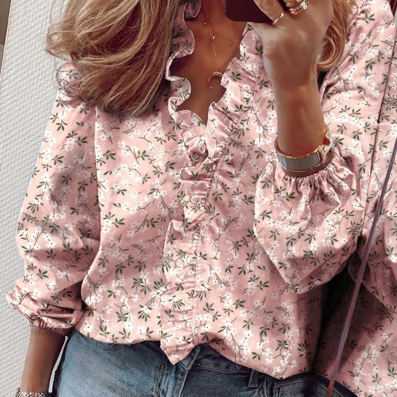 Women's Blouse - Ruffled Neckline - Tailored Fit - Three-Quarter Sleeves - Lightweight Fabric