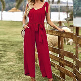 Women's Jumpsuit - V-Neck with Tie Belt - Sleeveless with Ruffle Detail - Relaxed Fit