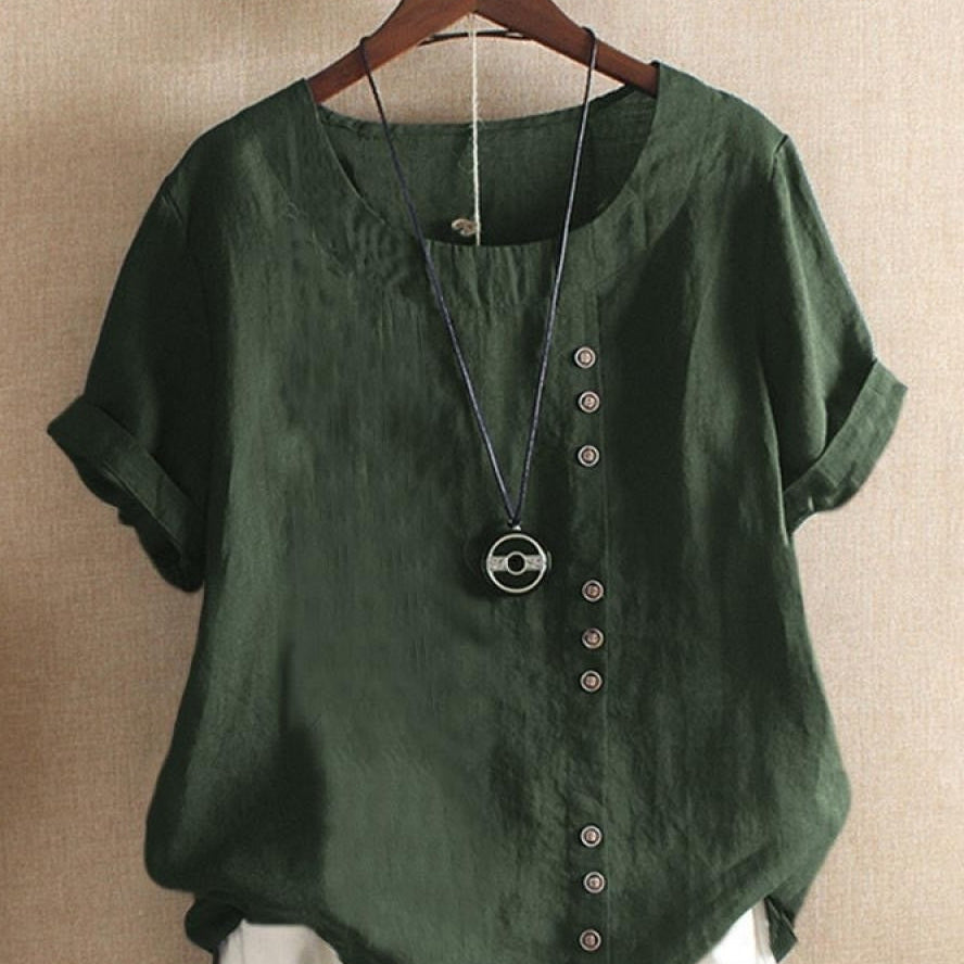 Women’s Blouse – Relaxed Fit – Natural Fibers – Round Neck – Short Sleeve – Button Detail