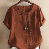 Women’s Blouse – Relaxed Fit – Natural Fibers – Round Neck – Short Sleeve – Button Detail