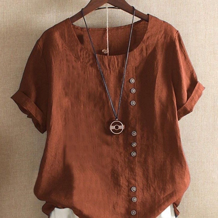 Women’s Blouse – Relaxed Fit – Natural Fibers – Round Neck – Short Sleeve – Button Detail