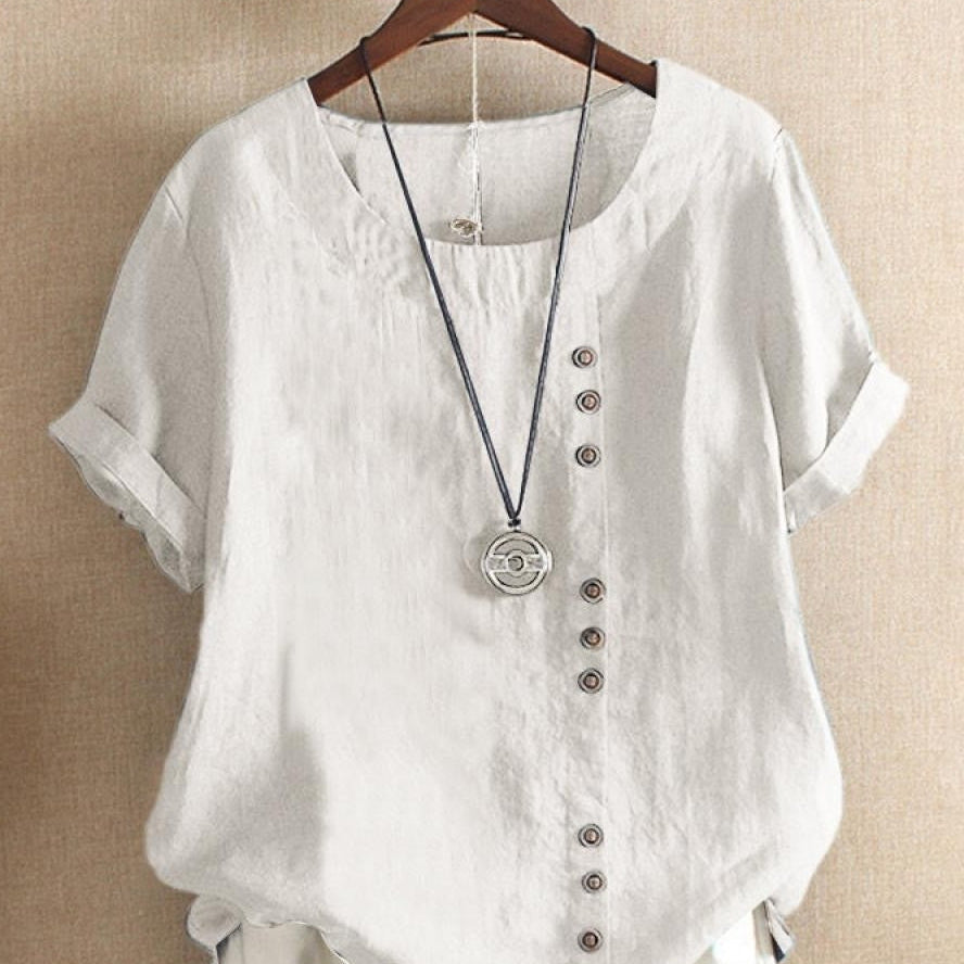 Women’s Blouse – Relaxed Fit – Natural Fibers – Round Neck – Short Sleeve – Button Detail
