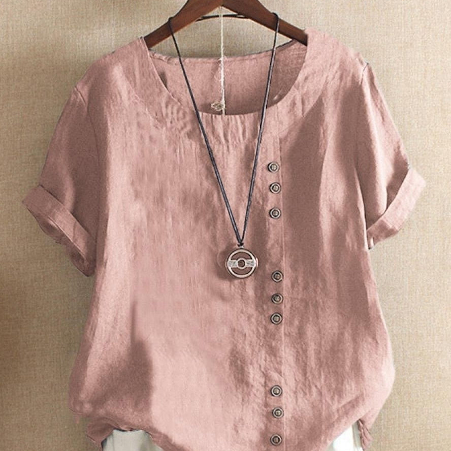 Women’s Blouse – Relaxed Fit – Natural Fibers – Round Neck – Short Sleeve – Button Detail