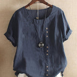 Women’s Blouse – Relaxed Fit – Natural Fibers – Round Neck – Short Sleeve – Button Detail