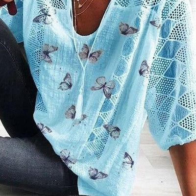 Women’s Blouse – Relaxed Fit – Cotton Blend – V-Neck – 3/4 Sleeve – Lace Trim – Butterfly Print