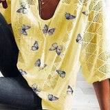 Women’s Blouse – Relaxed Fit – Cotton Blend – V-Neck – 3/4 Sleeve – Lace Trim – Butterfly Print