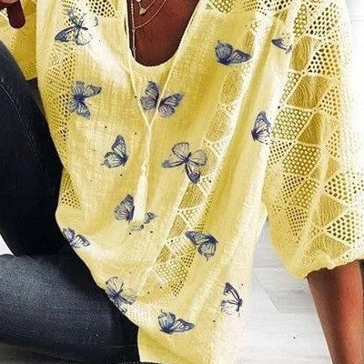 Women’s Blouse – Relaxed Fit – Cotton Blend – V-Neck – 3/4 Sleeve – Lace Trim – Butterfly Print