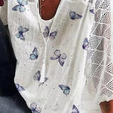 Women’s Blouse – Relaxed Fit – Cotton Blend – V-Neck – 3/4 Sleeve – Lace Trim – Butterfly Print
