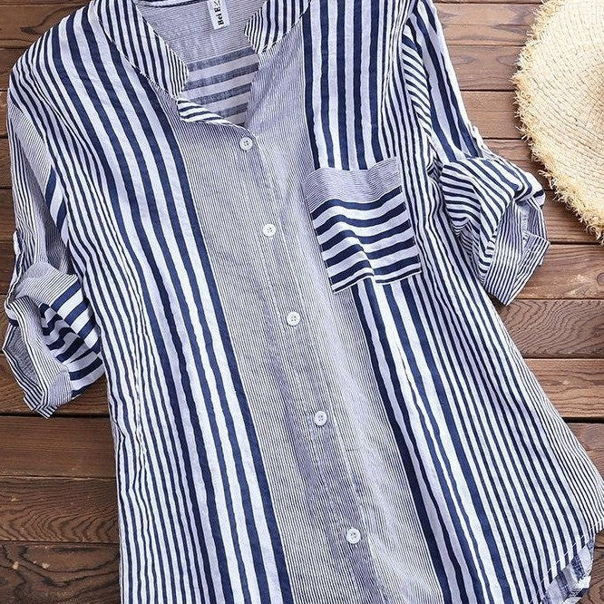 Women’s Blouse – Relaxed Fit – Stand Collar – 3/4 Sleeve – Striped Cotton Button-Up