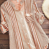Women’s Blouse – Relaxed Fit – Stand Collar – 3/4 Sleeve – Striped Cotton Button-Up