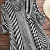 Women’s Blouse – Relaxed Fit – Stand Collar – 3/4 Sleeve – Striped Cotton Button-Up