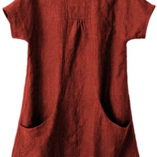 Women’s Blouse – Relaxed Fit – Short Sleeve – Natural Fibers – Front Pockets – Pleated Neckline