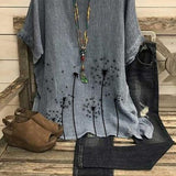 Women’s Blouse – Relaxed Fit – Lightweight Cotton – Round Neck – Half Sleeve – Tunic Length – Dandelion Print