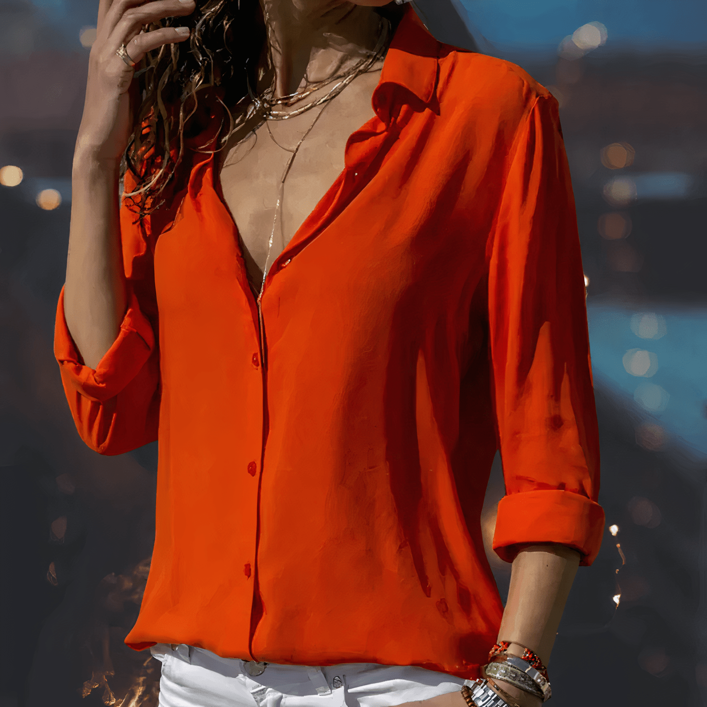 Women’s Chiffon Blouse – Relaxed Fit – Button-Up Front – 3/4 Sleeve – Pointed Collar