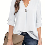 Chic v-neck blouse with rolled-up sleeves for women