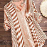 Women’s Blouse – Relaxed Fit – Striped Button Front – Long Sleeve – Breathable Blend