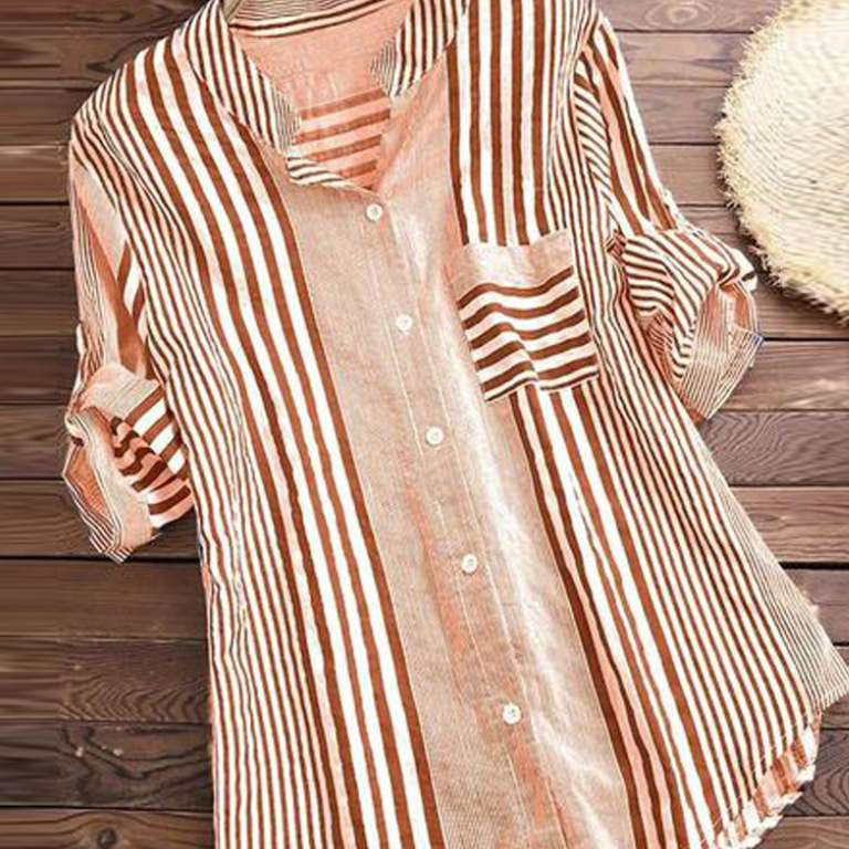Women’s Blouse – Relaxed Fit – Striped Button Front – Long Sleeve – Breathable Blend