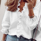 Women's Blouse - Ruffled Neckline - Tailored Fit - Three-Quarter Sleeves - Lightweight Fabric