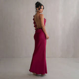 Women's Evening Prom Gown Dress - Satin Floor-Length - Backless Floral Appliqué - Form-Fitting