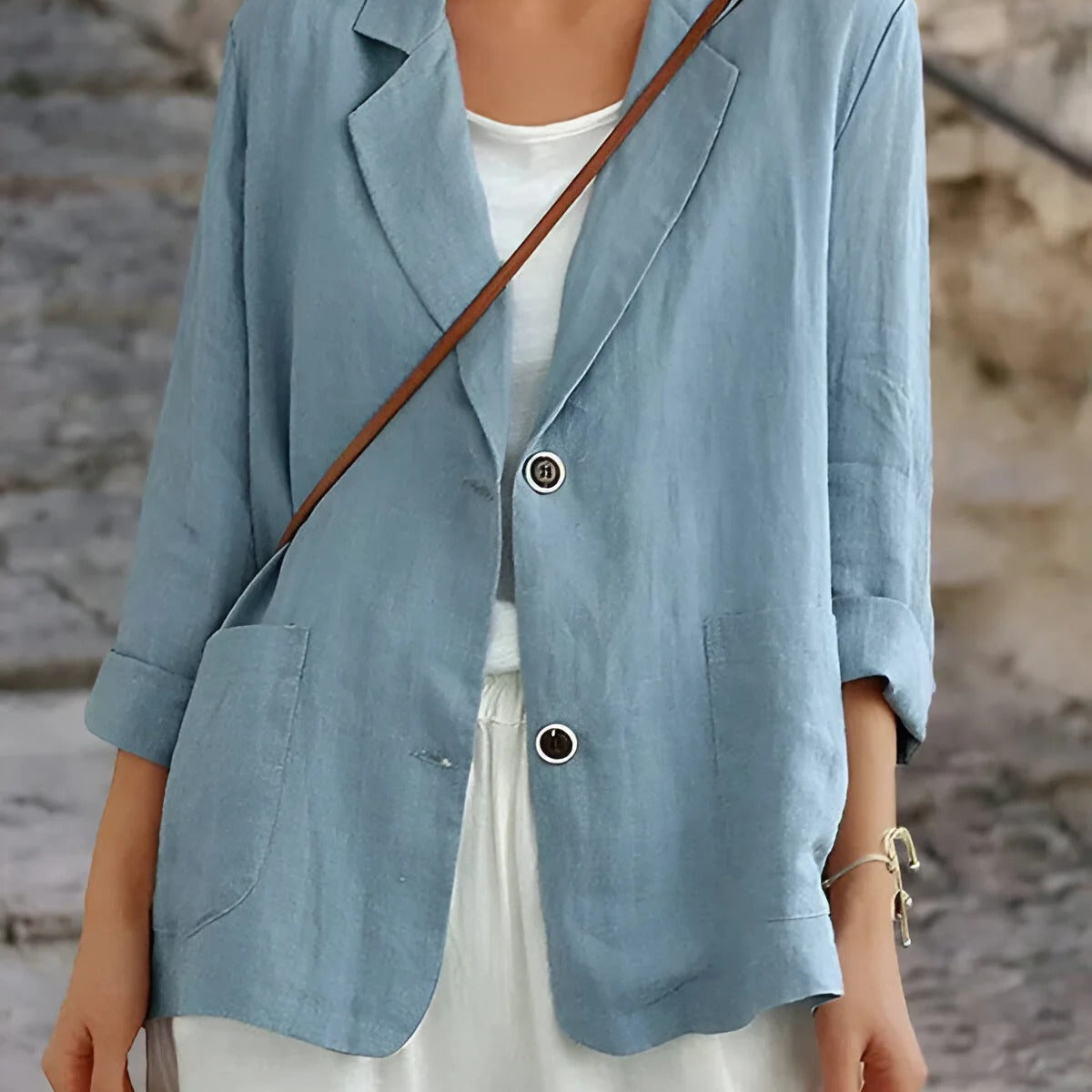 Women’s Blazer – Relaxed Fit – Natural Fibers – 3/4 Sleeve – Patch Pockets – Mid Length