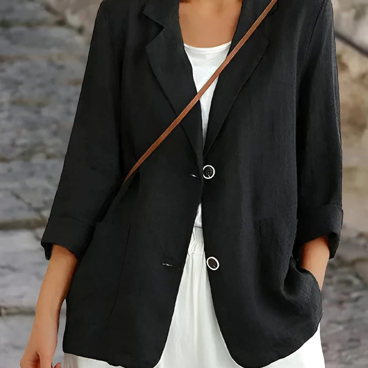 Women’s Blazer – Relaxed Fit – Natural Fibers – 3/4 Sleeve – Patch Pockets – Mid Length