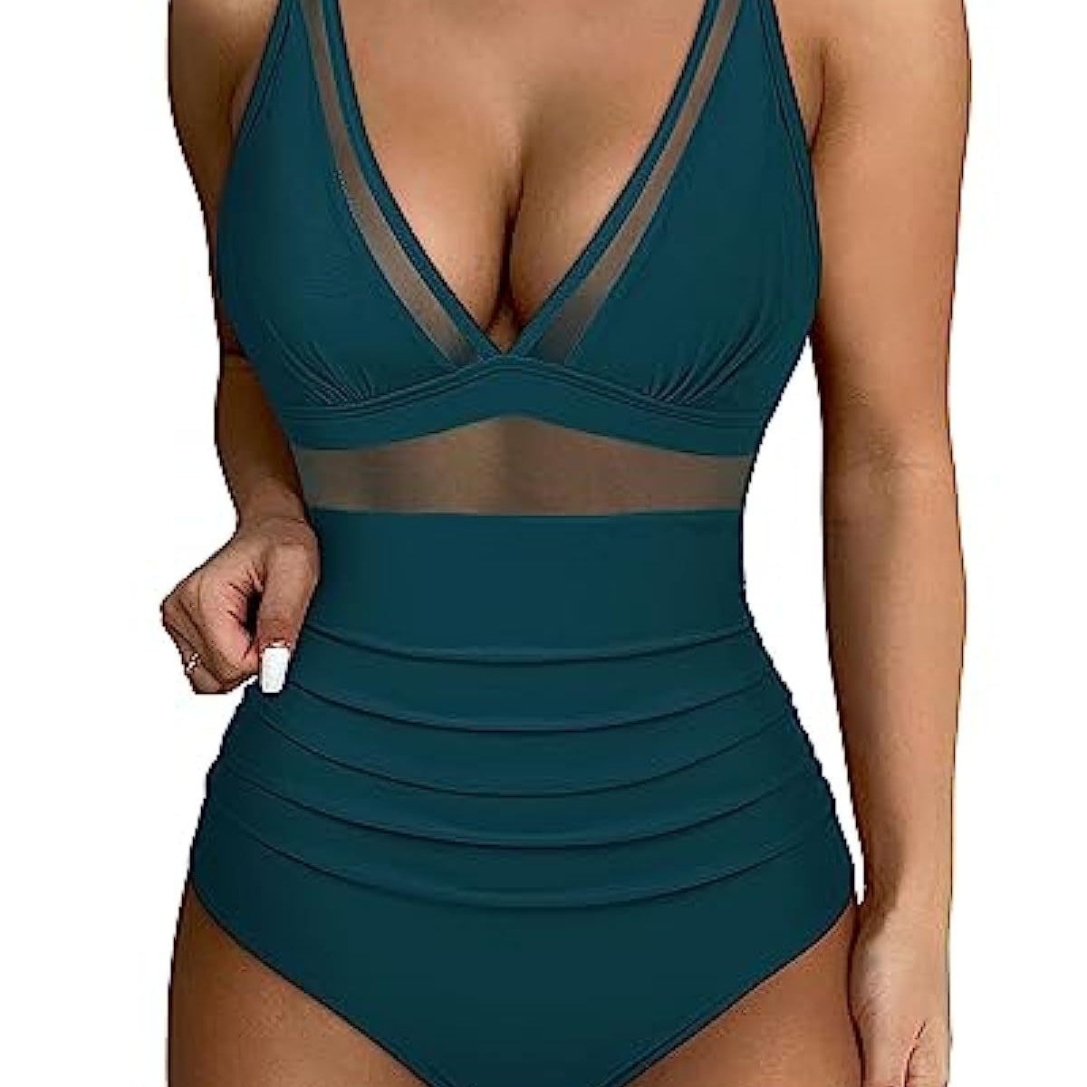 Women’s Swimsuit – Fitted One-Piece – Plunging Neckline – Mesh Panels – High-Cut Leg